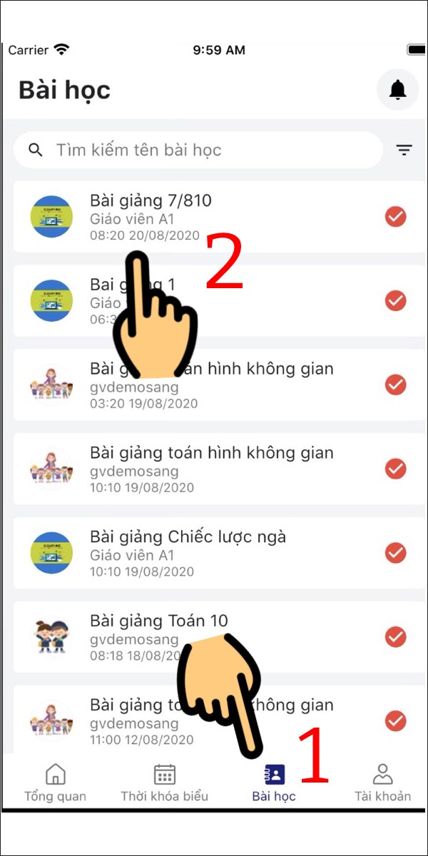Nhấn vào mục Bài học và click vào bài giảng muốn chọn Hướng dẫn xem video bài giảng trực tuyến trên K12Online