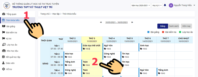 Truy cập vào mục Thời khóa biểu Hướng dẫn học sinh tham gia lớp học ảo trên K12Online