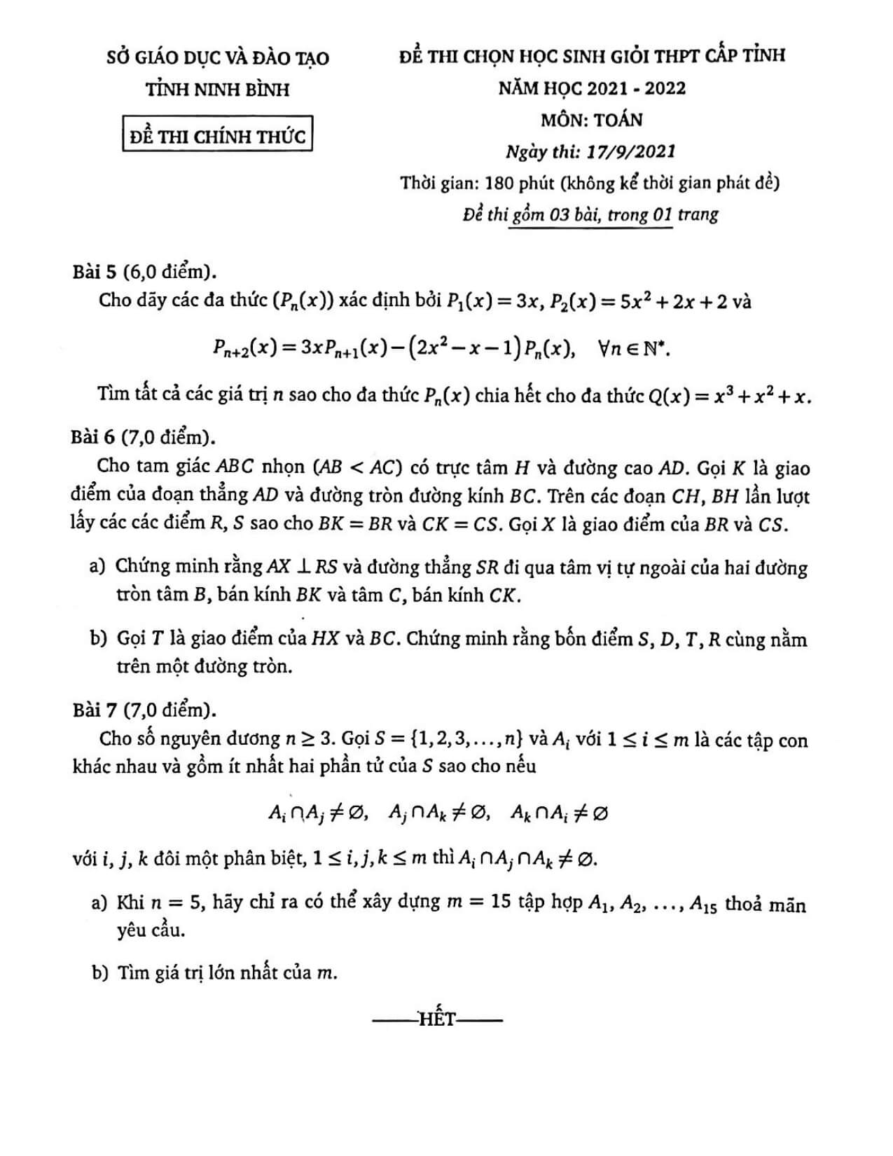 Đề thi HSG cấp tỉnh Toán THPT 