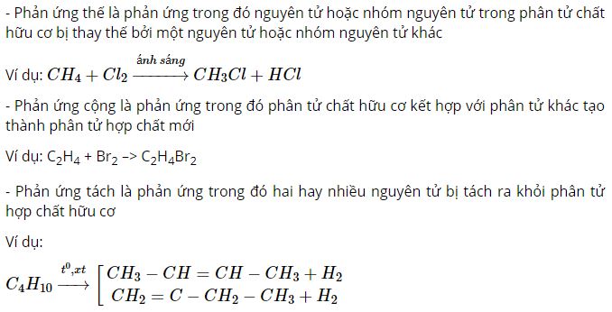 Thế nào là phản ứng thế, phản ứng cộng, phản ứng tách?