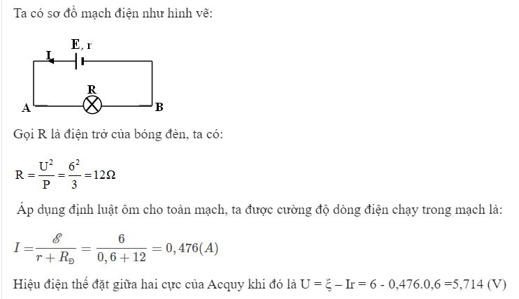 Tính cường độ dòng điện chạy trong mạch và hiệu điện thế giữa hai cực của acquy
