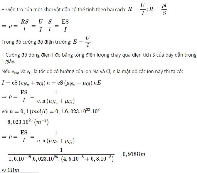 Tính điện trở suất của dung dịch NaCl nồng độ 0,1 mol/l