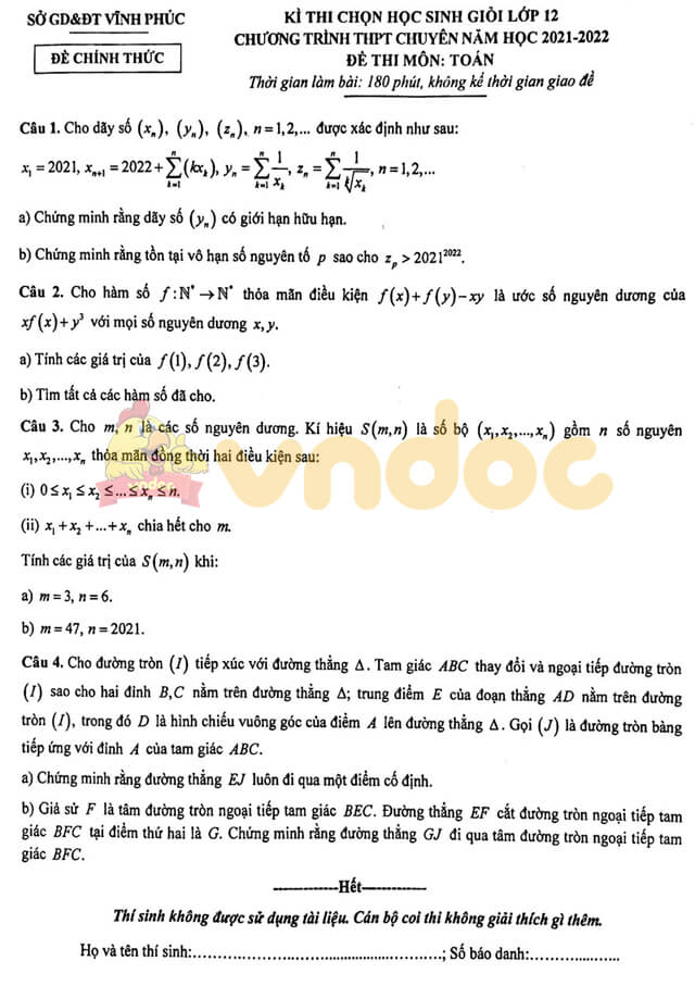 Đề thi chọn học sinh giỏi lớp 12 môn Toán