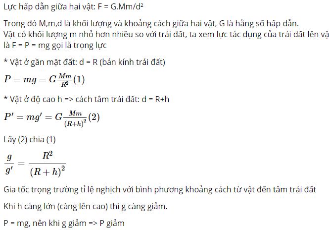 Tại sao gia tốc rơi tự do và trọng lượng của vật càng lên cao lại càng giảm?