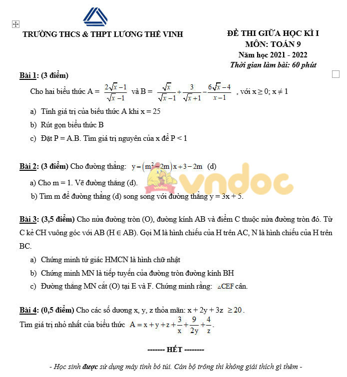 Đề thi giữa kì 1 Toán 9 Trường THCS&THPT Lương Thế Vinh năm 2021 - 2022