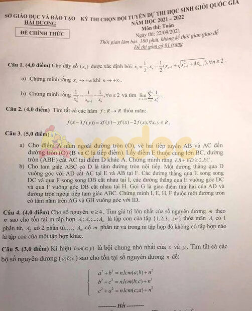 Đề thi chọn học sinh giỏi lớp 12 môn Toán