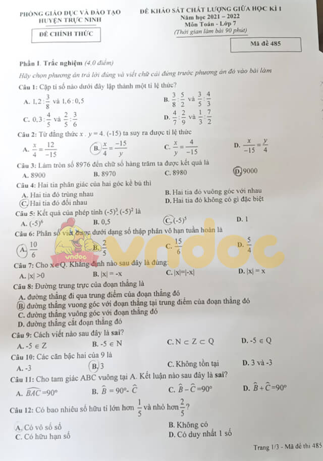 Đề thi giữa kì Toán 7 trường Lương Thế Vinh