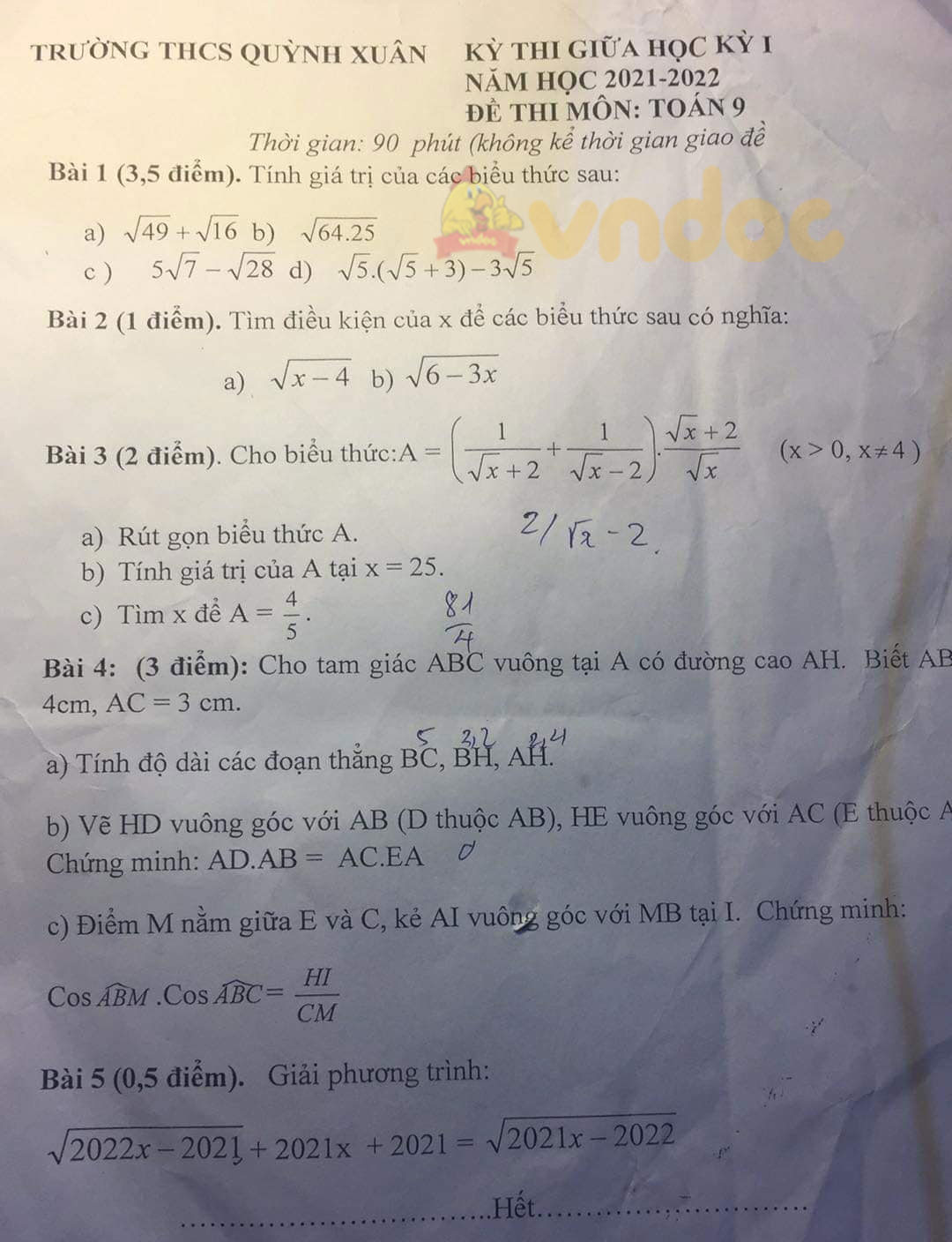 Đề thi giữa kì 1 Toán 9 Trường THCS Quỳnh Xuân năm 2021 - 2022