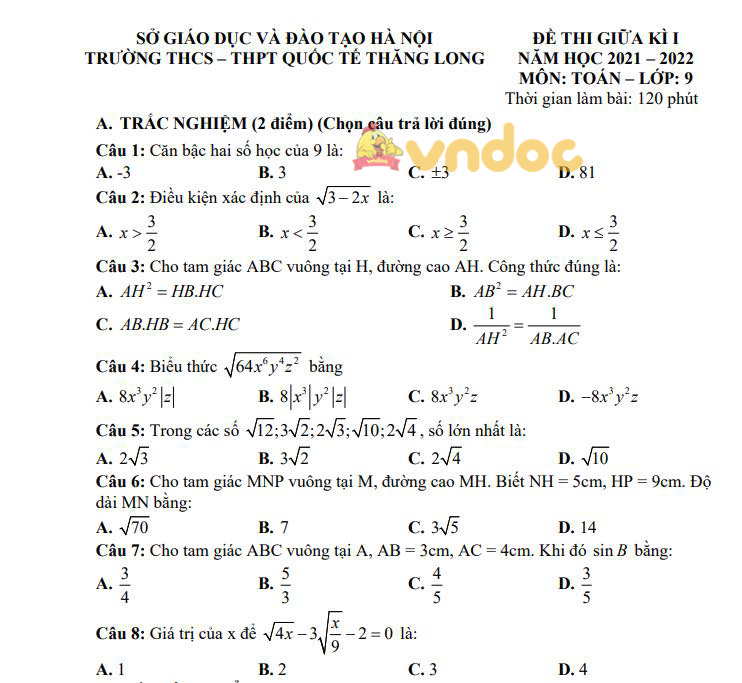Đề thi giữa kì 1 Toán 9 Trường THCS&THPT Quốc tế Thăng Long năm 2021 - 2022