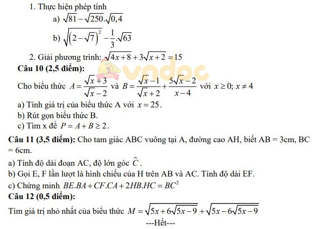 Đề thi giữa kì 1 Toán 9 Trường THCS&THPT Quốc tế Thăng Long năm 2021 - 2022