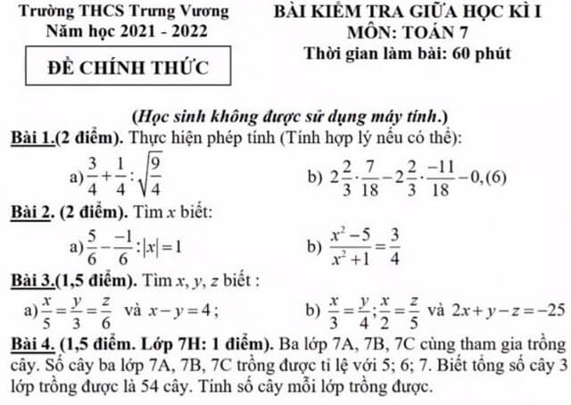 Đề thi giữa kì lớp 7 môn Toán