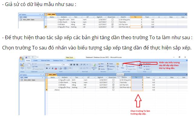 Hãy chỉ ra các thao tác sắp xếp các bản ghi tăng dần theo trường