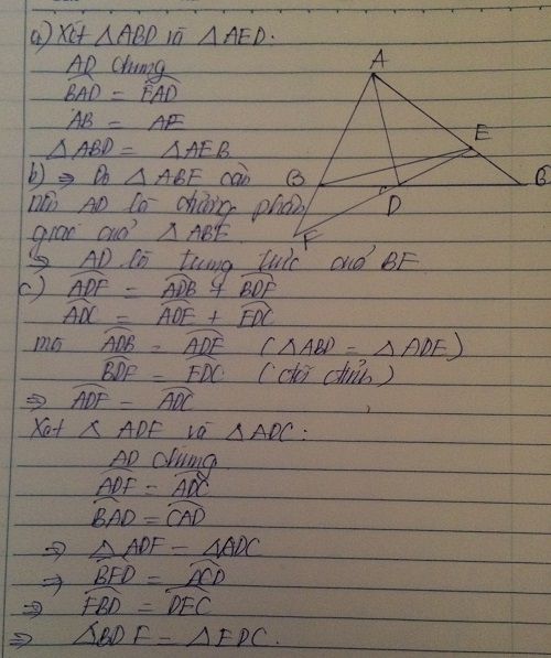 Cho tam gi&aacute;c ABC (AB > AC). Vẽ tia ph&acirc;n gi&aacute;c AD của tam gi&aacute;c ABC. Tr&ecirc;n cạnh AC lấy điểm E sao cho AE = AB