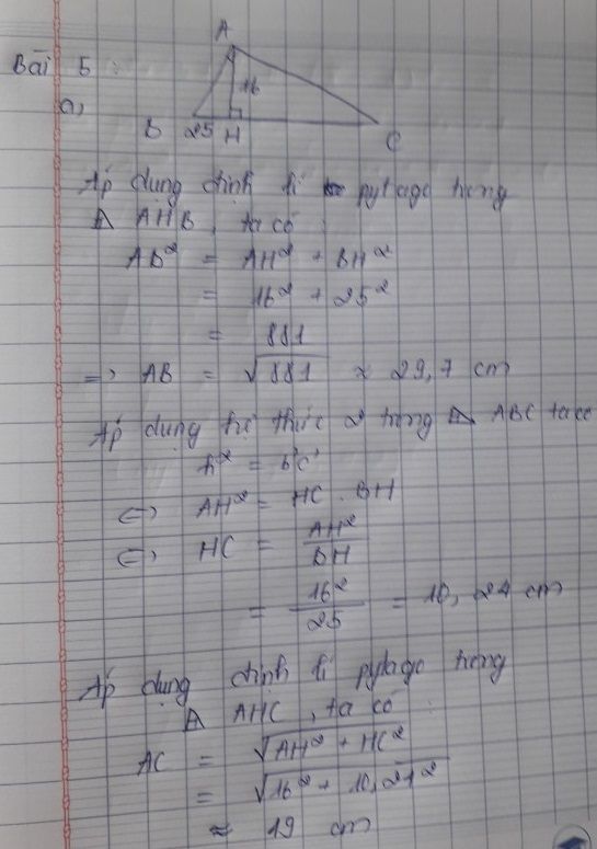 Cho tam gi&aacute;c ABC vu&ocirc;ng tại A, đường cao AH. Cho AH = 16, BH = 25. T&iacute;nh AB, AC, BC, CH