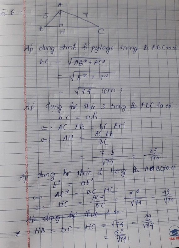 Cho tam gi&aacute;c ABC vu&ocirc;ng tại A, đường cao AH. Cho AH = 16, BH = 25. T&iacute;nh AB, AC, BC, CH