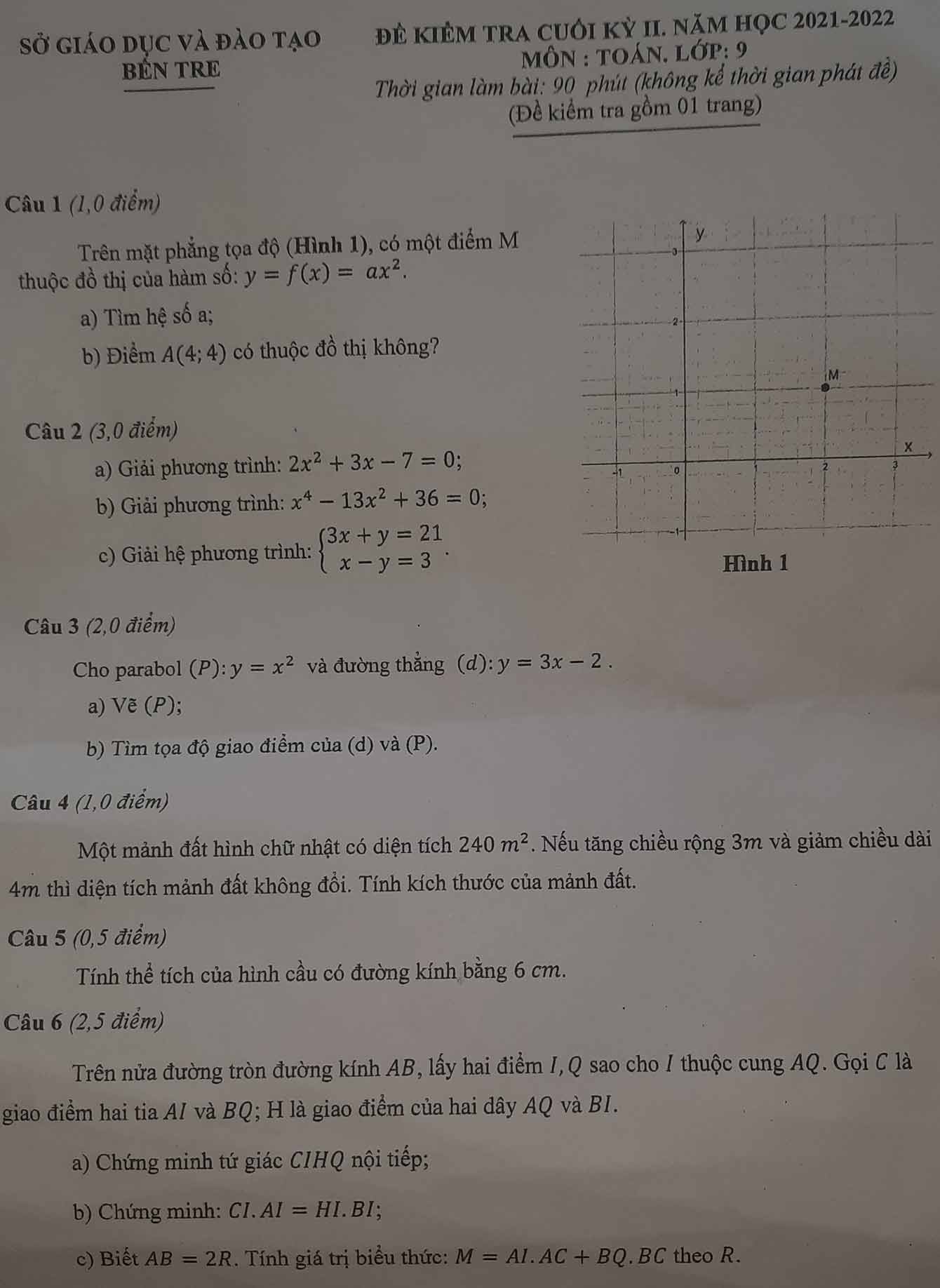Đề thi học kì 2 lớp 9 môn Toán Sở GD&ĐT Bến Tre năm học 2021-2022