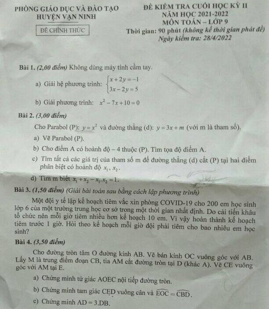 Đề thi học kì 2 lớp 9 môn Toán Phòng GD&ĐT Vạn Ninh, Khánh Hóa năm học 2021-2022
