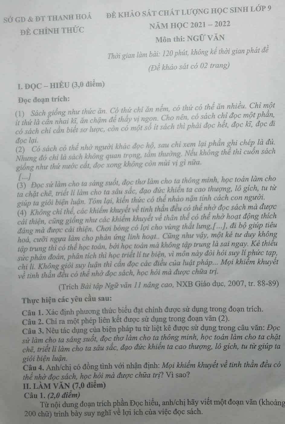 Đề thi thử vào lớp 10 môn Ngữ văn Sở GD&ĐT Thanh Hóa năm học 2022-2023