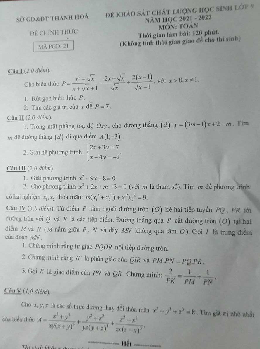 Đề thi thử vào lớp 10 môn Toán Sở GD&ĐT Thanh Hóa năm học 2022-2023