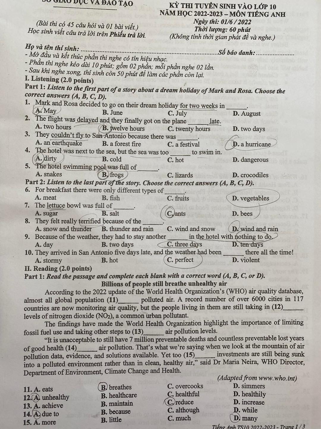 Đáp án Đề thi tuyển sinh lớp 10 môn tiếng Anh Bình Dương năm 2022 