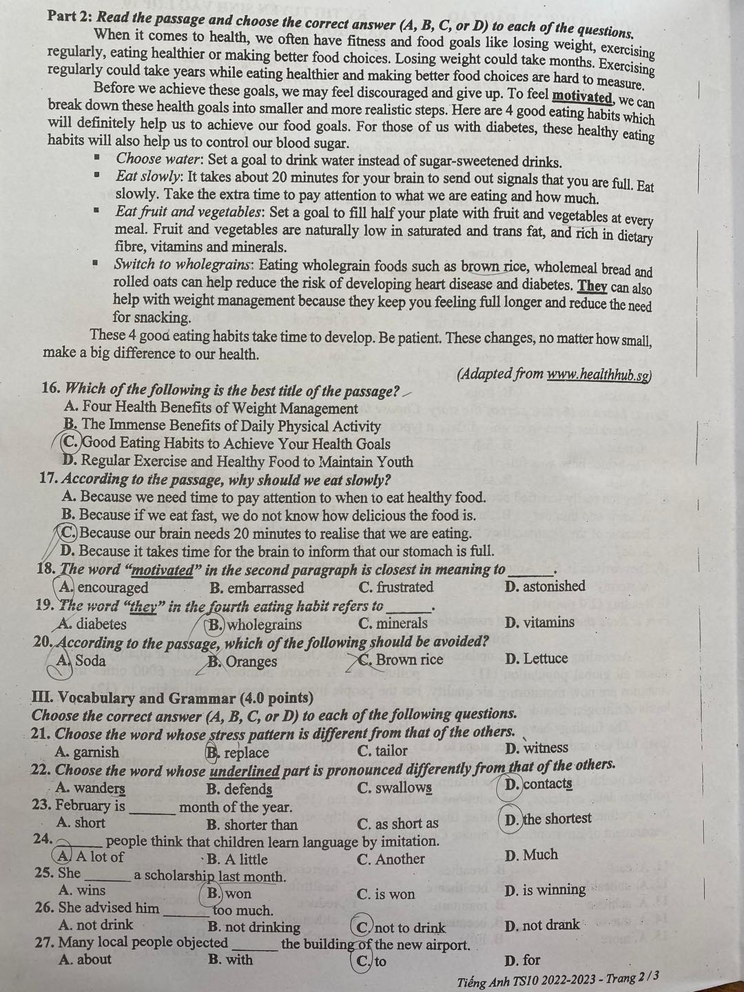 Đáp án Đề thi tuyển sinh lớp 10 môn tiếng Anh Bình Dương năm 2022 