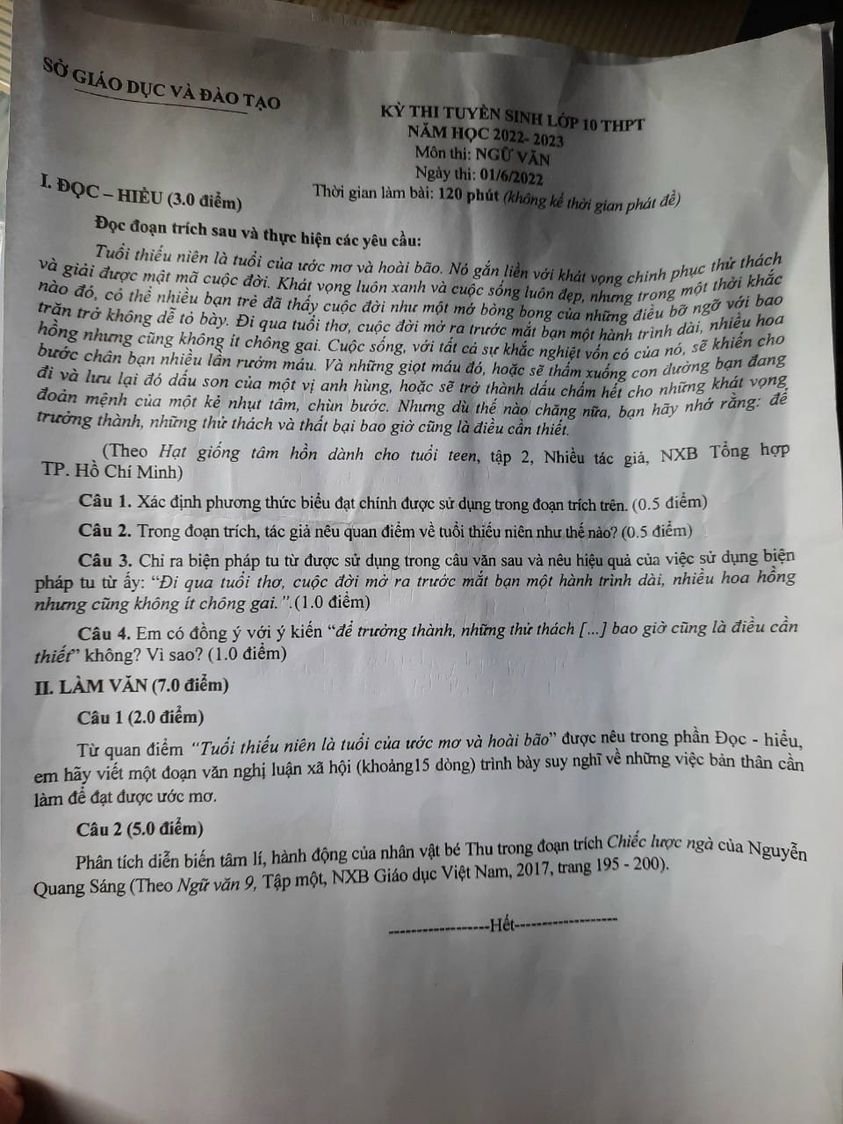 Đề thi Văn vào lớp 10 Bình Dương