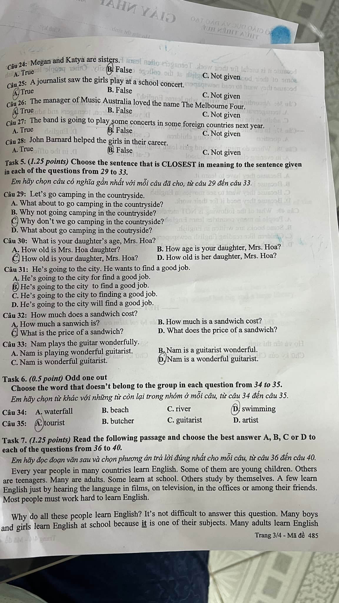 Đáp án đề thi vào lớp 6 môn tiếng Anh trường THCS Nguyễn Tri Phương