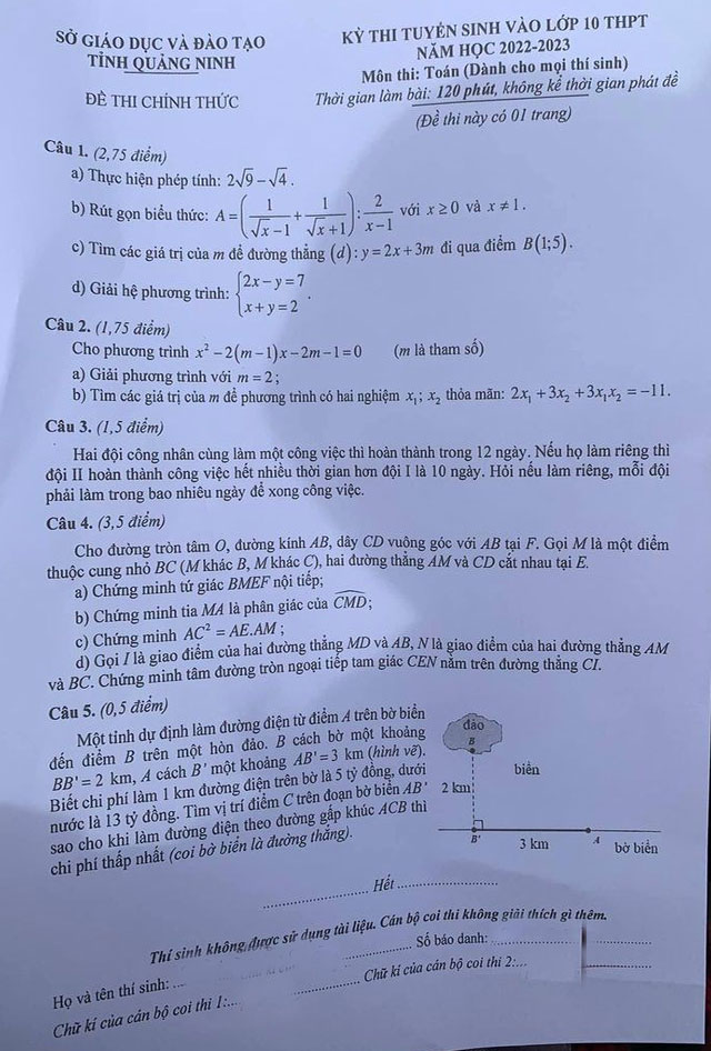 Đề thi vào lớp 10 môn Toán Quảng Ninh