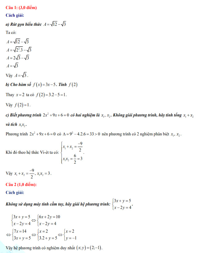 Đáp án đề thi vào lớp 10 môn Toán - THPT Chuyên Nguyễn Tất Thành 2022