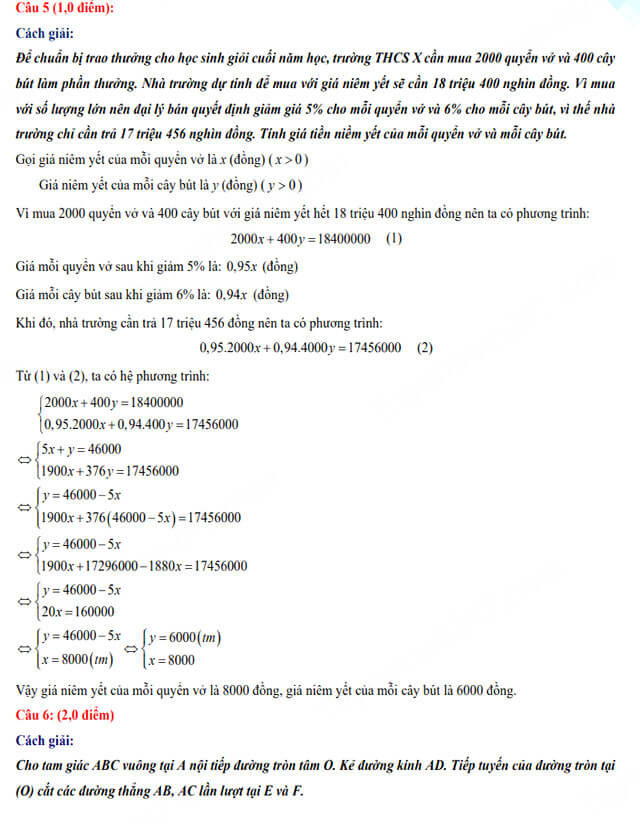 Đáp án đề thi vào lớp 10 môn Toán - THPT Chuyên Nguyễn Tất Thành 2022