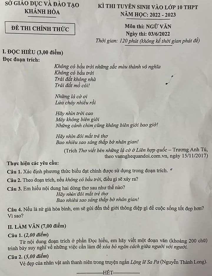 Đáp án đề thi tuyển sinh vào lớp 10 môn Văn tỉnh Khánh Hòa 2022