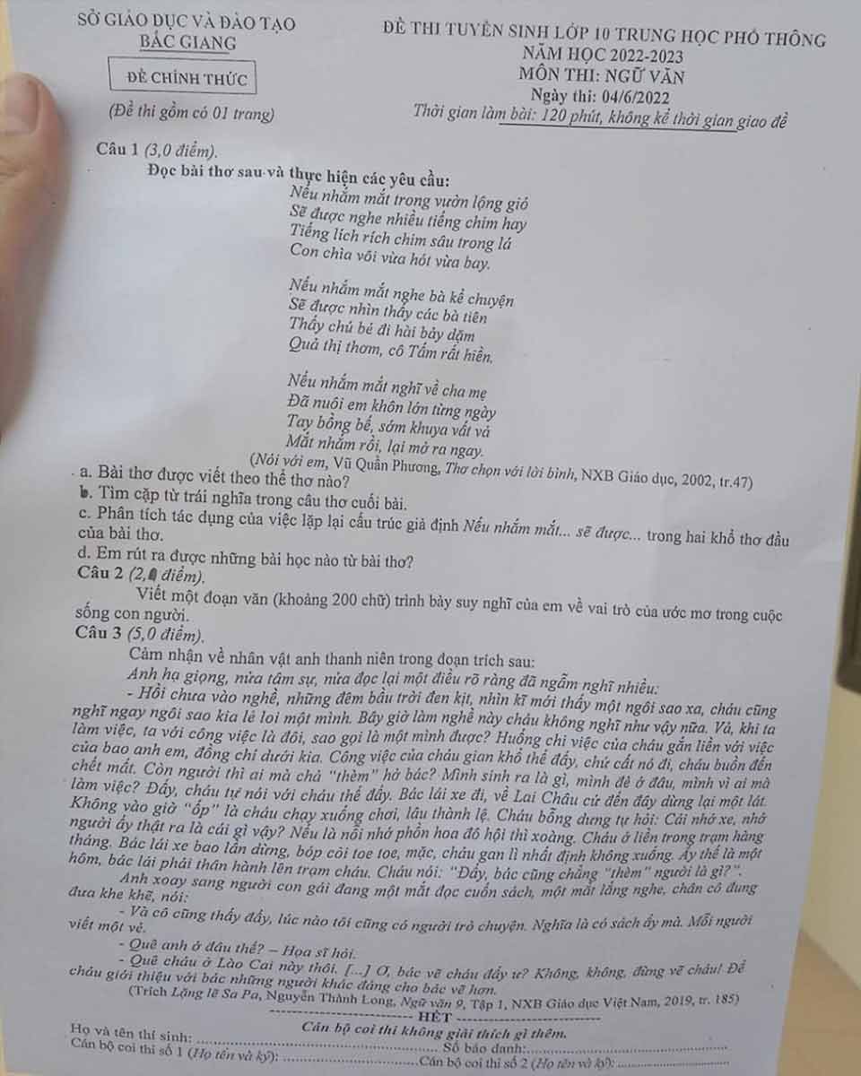 Đề vào lớp 10 môn Văn tỉnh Bắc Giang năm 2022