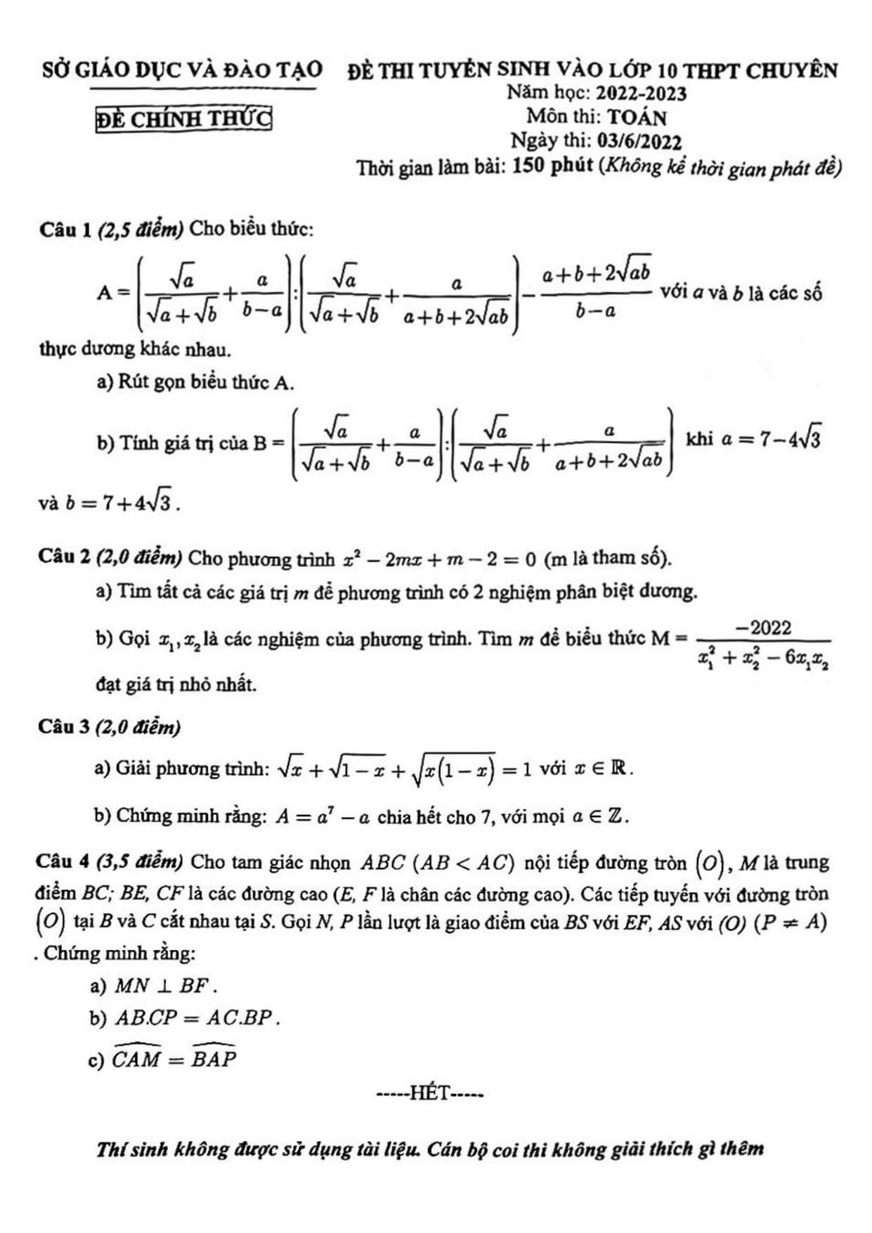 Đề thi vào 10 THPT chuyên 