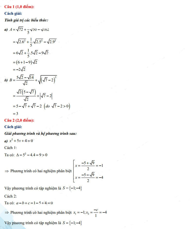 Đáp án đề thi vào 10 môn Toán Vĩnh Long 2022