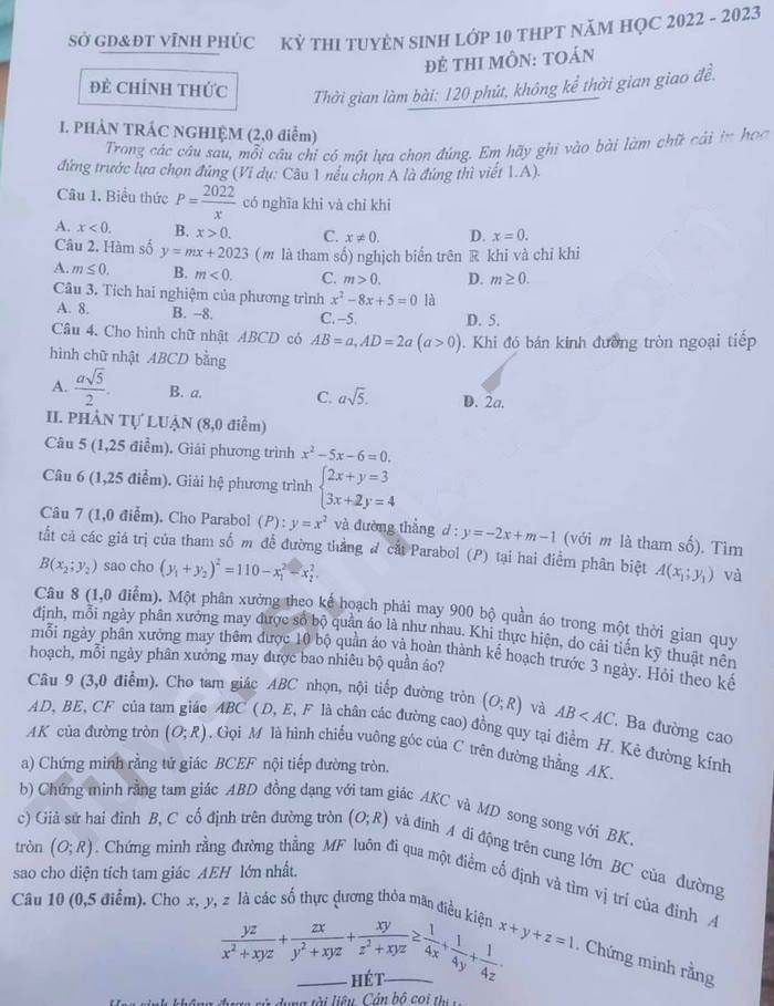 Đề thi vào 10 môn Toán Vĩnh Phúc 2022