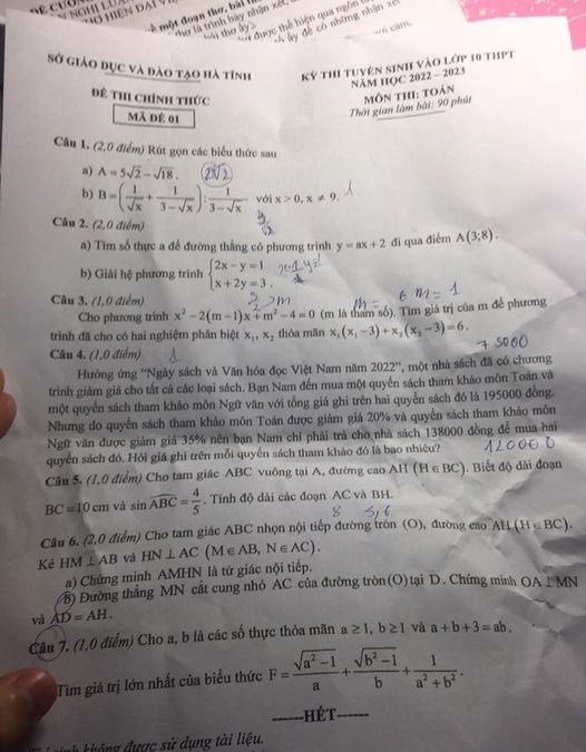 Đề thi vào 10 Toán Hà Tĩnh