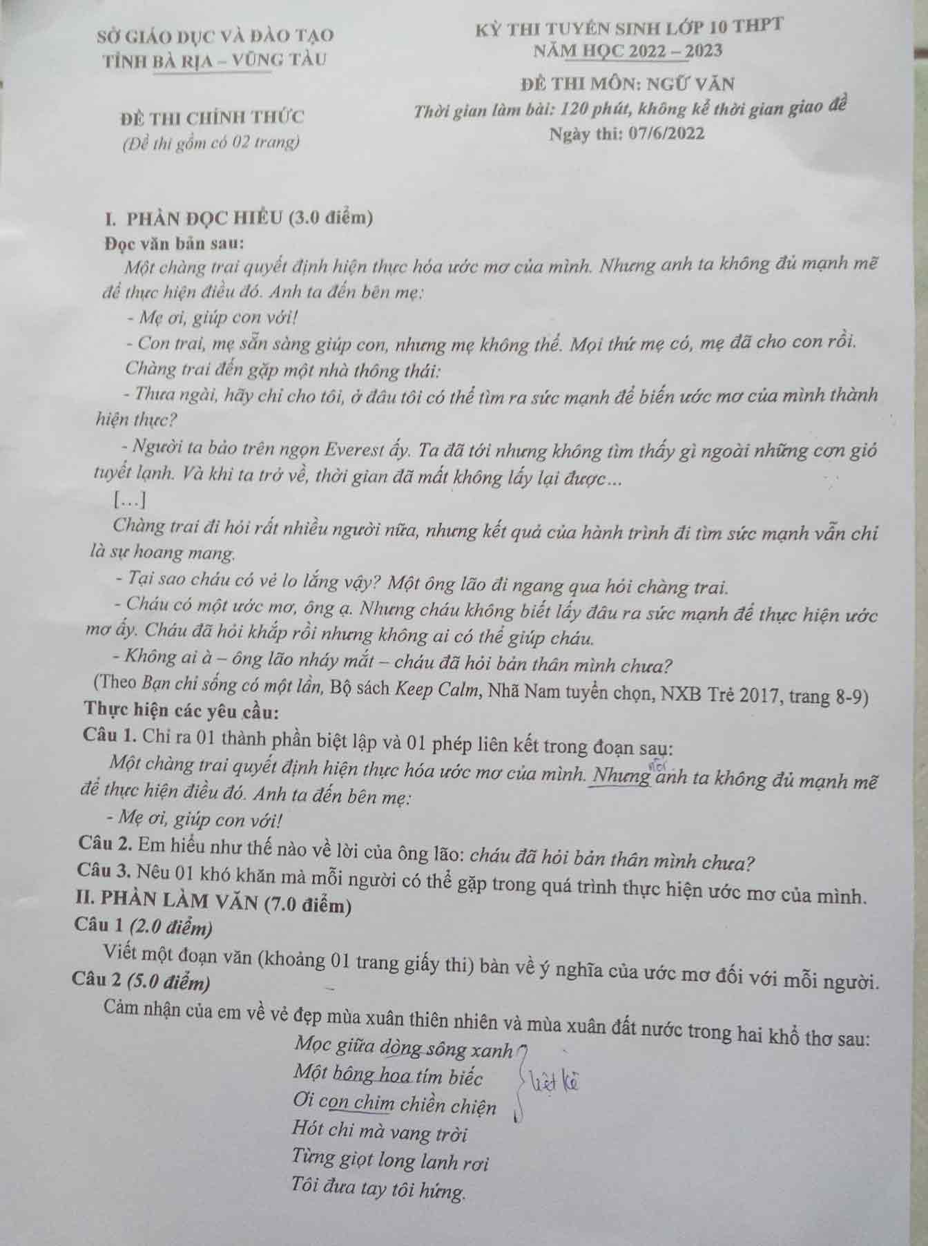 Đáp án đề thi tuyển sinh lớp 10 môn Ngữ văn tỉnh Bà Rịa - Vũng Tàu 2022