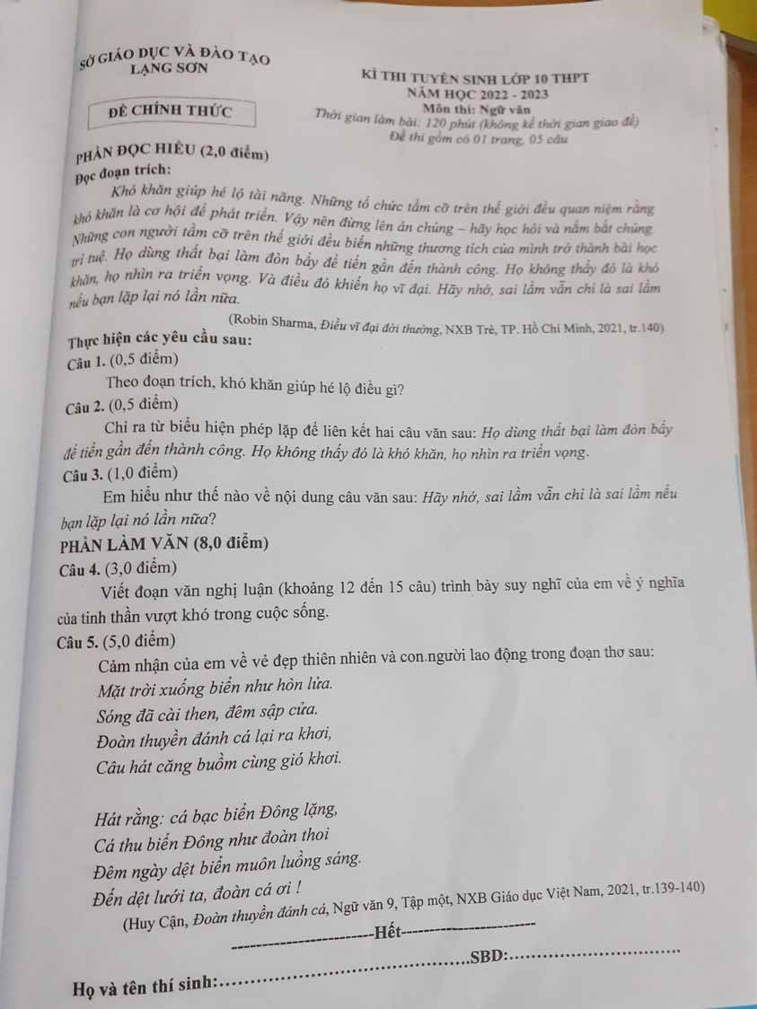 Đề thi tuyển sinh lớp 10 môn Ngữ văn tỉnh Lạng Sơn 2022