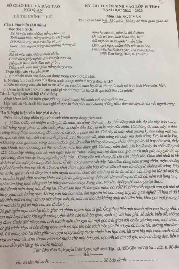 Đáp án đề thi tuyển sinh lớp 10 môn Ngữ văn tỉnh Nghệ An 2022