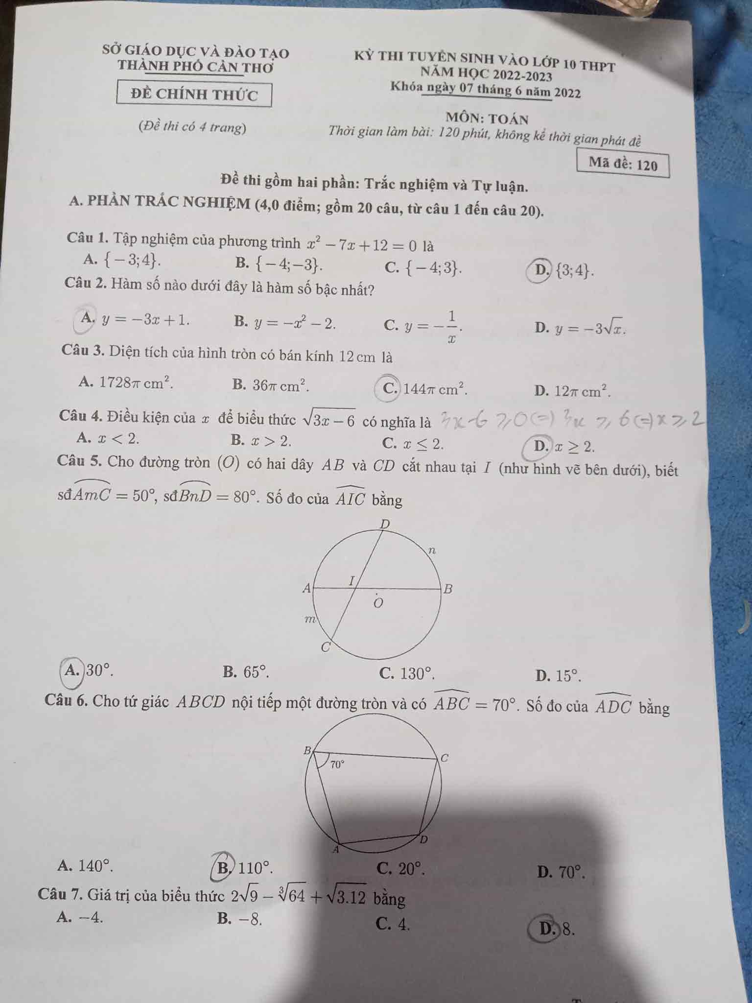 Đáp án đề thi tuyển sinh lớp 10 môn Toán tỉnh Cần Thơ 2022