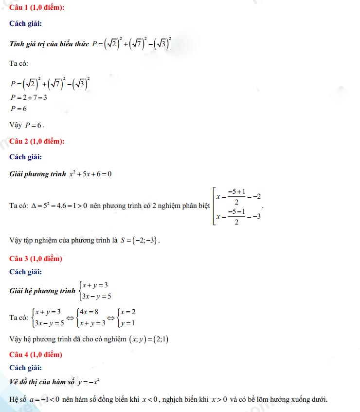 Đáp án đề thi tuyển sinh lớp 10 môn Toán tỉnh Tây Ninh 2022