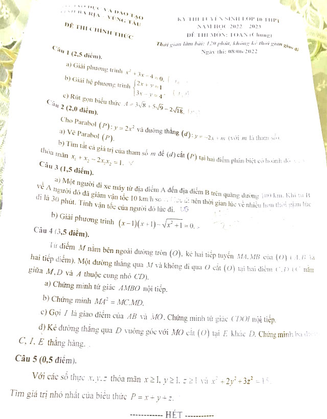 Đề thi vào lớp 10 Vũng Tàu 2022