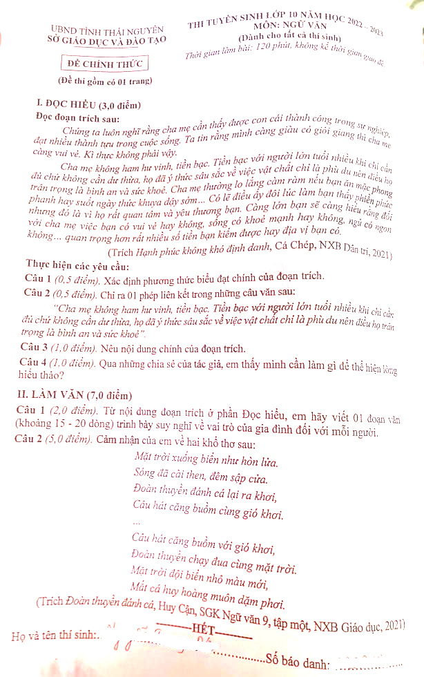Đề thi vào lớp 10 Văn Thái Nguyên 2022