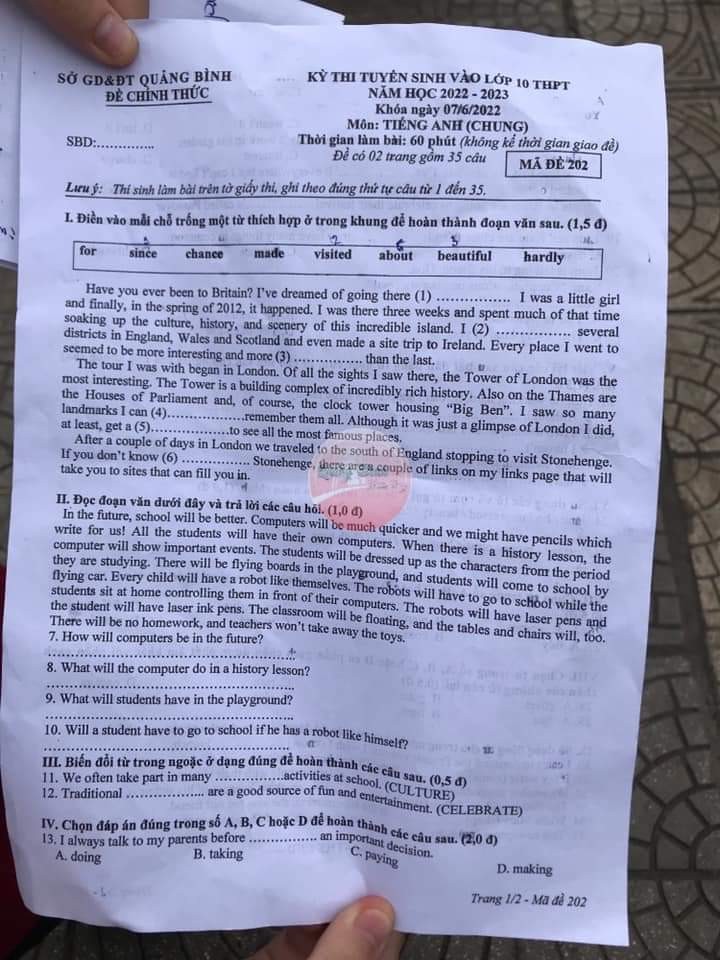 Đề thi tuyển sinh vào lớp 10 môn tiếng Anh Quảng Bình