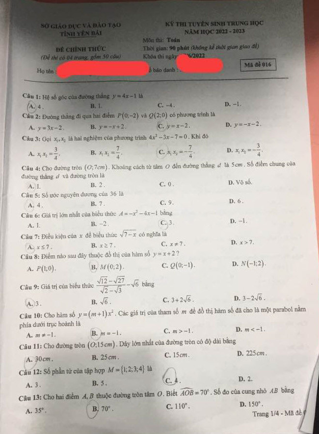 Đề thi vào 10 môn Toán Yên Bái 2022 trang 1