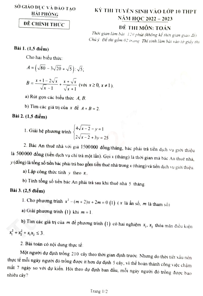 Đề Toán vào 10 Hải Phòng