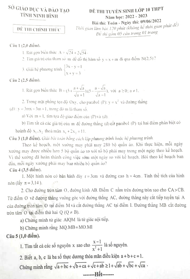 Đề thi Toán Ninh Bình