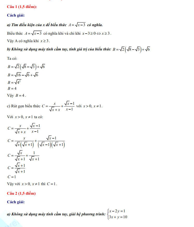 Đáp án thi vào 10 Toán Huế 2022