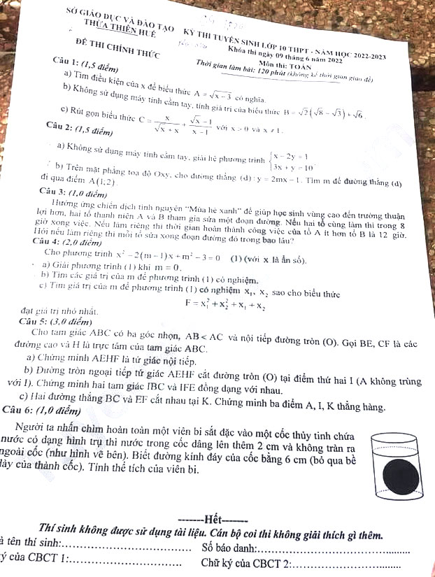 Đề thi vào 10 môn Toán Huế 2022