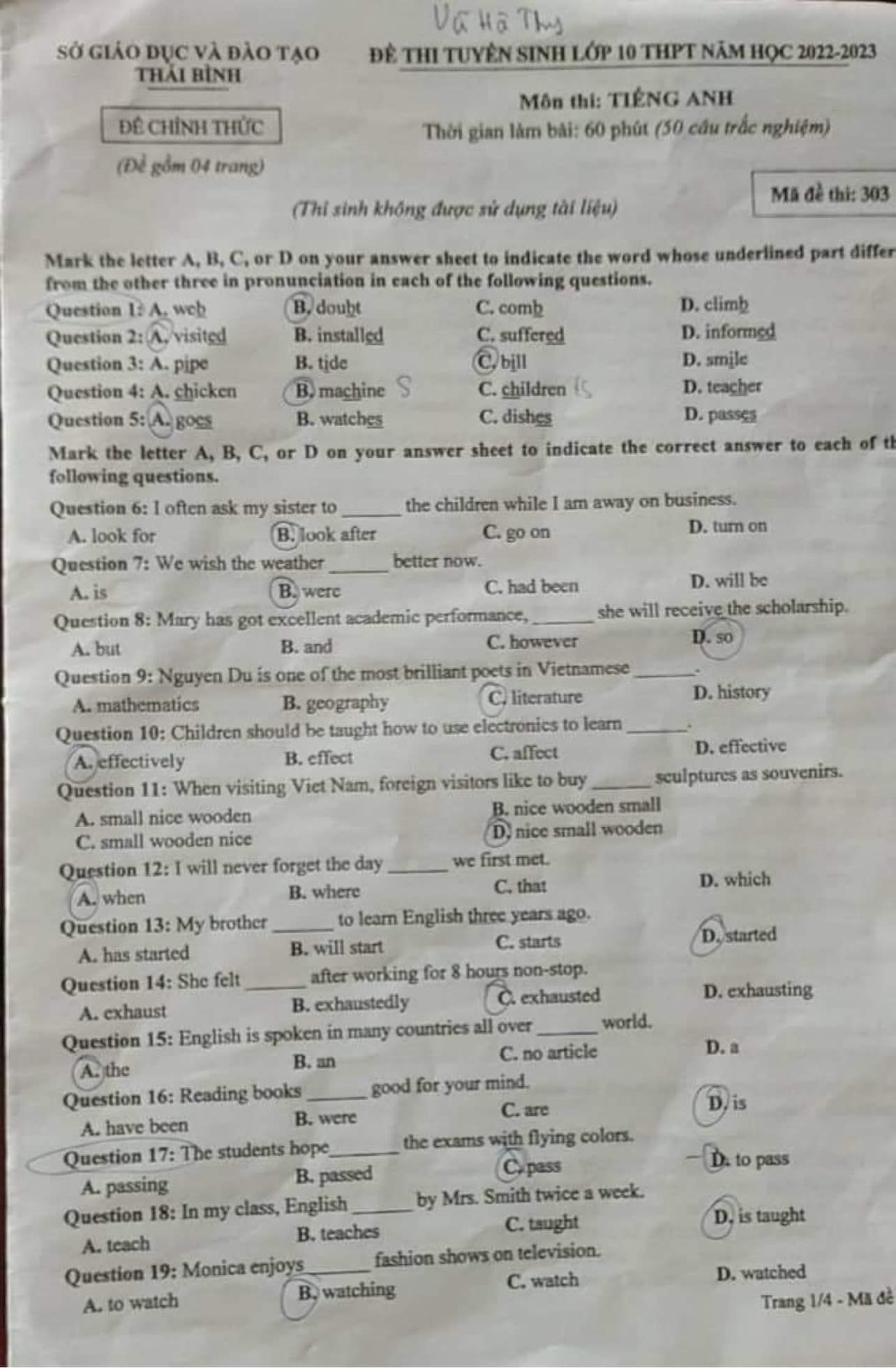 Đáp án đề thi vào lớp 10 môn Anh Thái Bình năm 2022